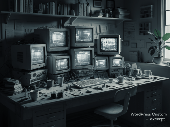 Studio vintage pieno di monitor CRT accesi.