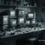 Studio vintage pieno di monitor CRT accesi.